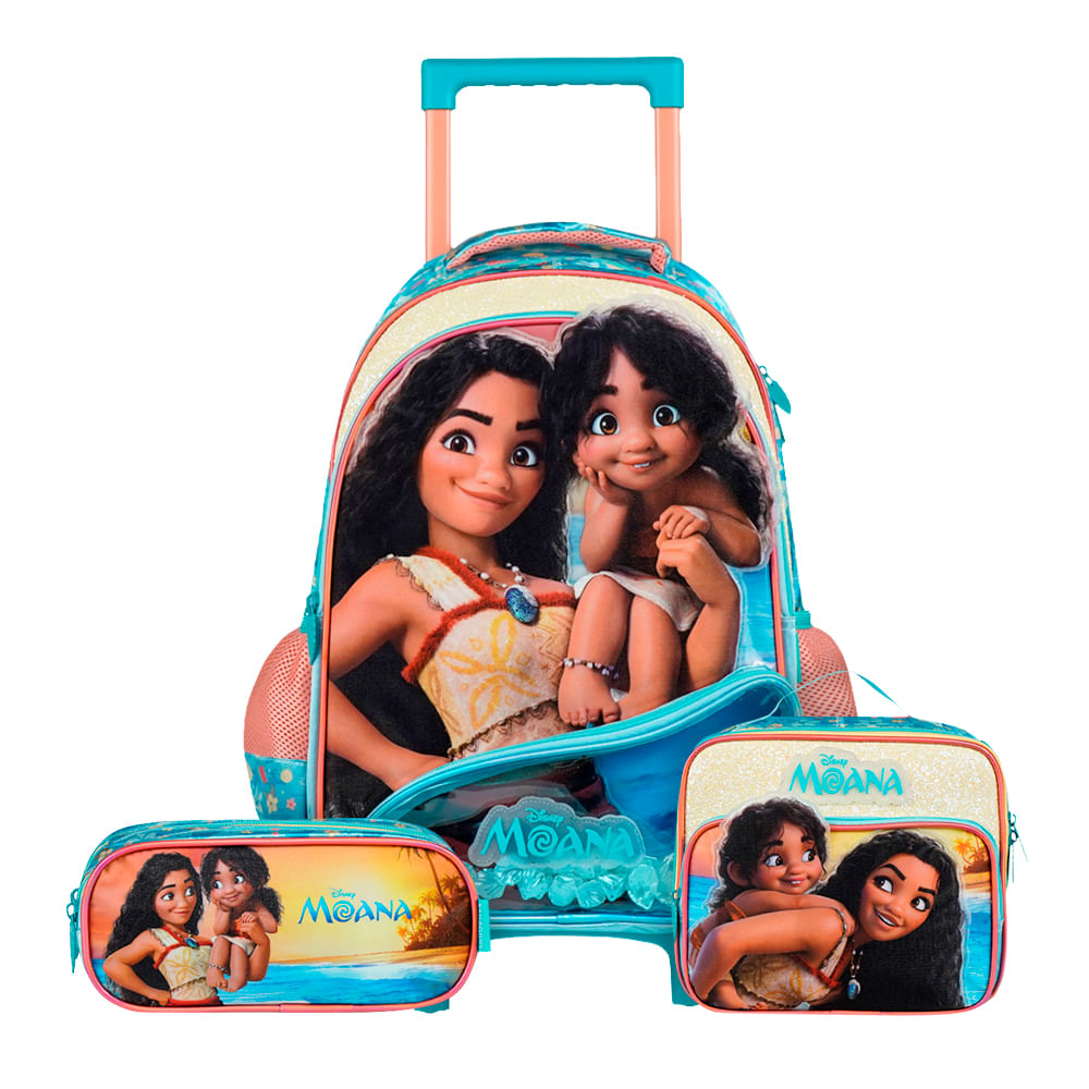 Kit Mochila de Rodinha Infantil Feminina, Lancheira Térmica e Estojo 3 Compartimentos Moana Azul